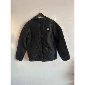 Dutch Bros Puffer Jacket Black Hooded Zip Up Nylon Mens Medium Logo Merch Cozy